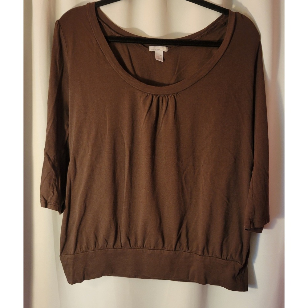 Old Navy Chocolate Brown 3/4 Sleeve Scoop Neck Pleated Banded Hem Top Medium